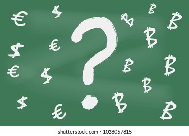 Chalkboard question mark and bitcoin sketch. Vector illustration.