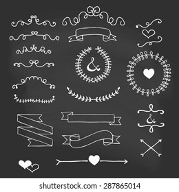 Chalkboard Ribbons and laurels cute cartoon handmade vector illustration in candy colors wedding graphic set