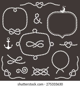 Chalkboard rope frames, borders, knots. Hand drawn decorative elements in nautical style.