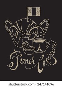 Chalkboard rough sketch drawing of basket with croissant, coffee cup, strawberry jam, French flag and hand written lettering. Vector freehand detailed illustration isolated on black background