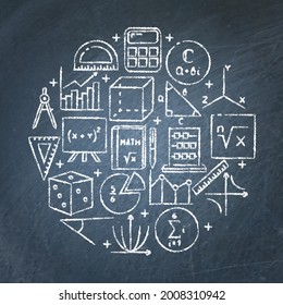 Chalkboard round poster with mathematics symbols. Math science banner. Vector illustration.