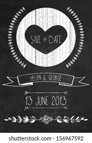 Chalkboard save the date wedding invitation template, vector illustration