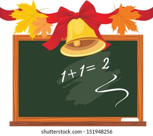 Chalkboard and school bell with red bow and maple leaves. Vector