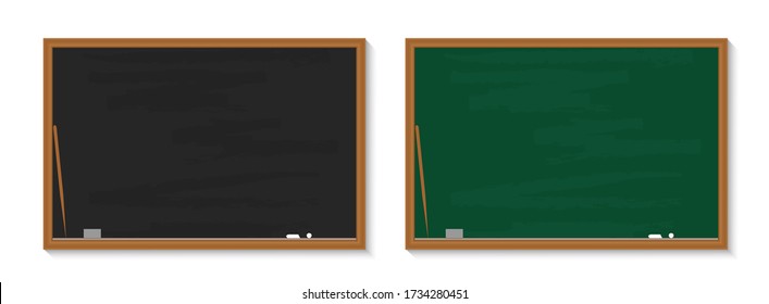 Cartel en la escuela. Pizarra con tiza en el aula. Pizarras verdes y negras de madera en clase para la educación. Antecedentes, cartel para profesor, universidad, restaurante. Textura, marco para el aprendizaje. Vector.