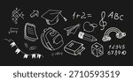 Chalkboard School Doodle Icons set. Hand drawn school icons in white chalk including backpack, pencil, books, ABC blocks, math, music, and graduation cap on black chalkboard background.Vector 