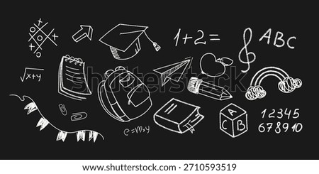 Chalkboard School Doodle Icons set. Hand drawn school icons in white chalk including backpack, pencil, books, ABC blocks, math, music, and graduation cap on black chalkboard background.Vector 