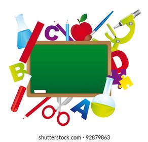 chalkboard with school elements isolated over white background. vector