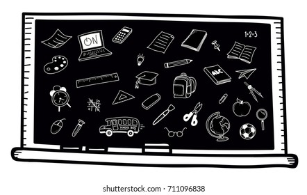 Chalkboard with school related doodles. Vector hand drawn icons - school and classroom related objects in eps10