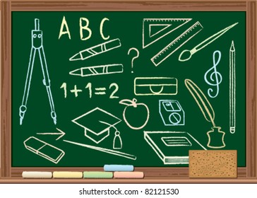 Chalkboard with school related symbols