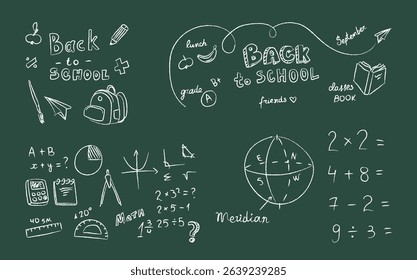 Chalkboard with school subject handwritten chalk doodles, diagram, mathematical solution calculation. Algebra, geometry learning and teaching, studying supplies drawings on board vector illustration