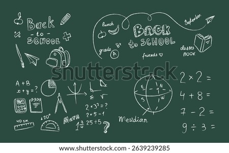 Chalkboard with school subject handwritten chalk doodles, diagram, mathematical solution calculation. Algebra, geometry learning and teaching, studying supplies drawings on board vector illustration