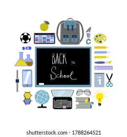 Chalkboard and school subjects. Back to school. Education theme. Flat vector illustration.
