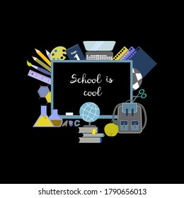 Chalkboard and school subjects.  Education theme. Flat vector illustration.
