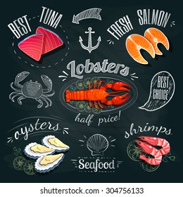 Chalkboard seafood ADs - tuna, salmon, lobster, oysters and shrimps. Vector illustration, eps 10.