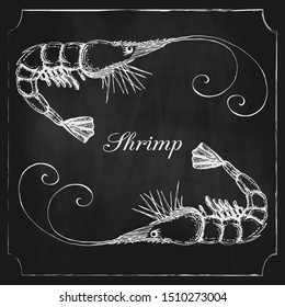 chalkboard seafood menu background with hand drawn shrimp or prawn. blackboard seafood menu concept. background template with realistic shrimp on chalkboard design for shop, restaurant, poster, banner