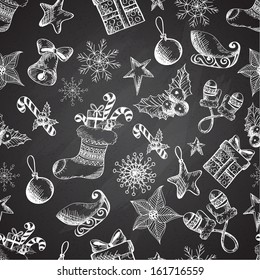 Chalkboard seamless hand-drawn pattern with Christmas elements. Vector illustration