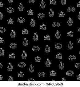 chalkboard seamless pattern black and white sketches of desserts hand drawn illustration vector for design, background, banner, cards, invitations.