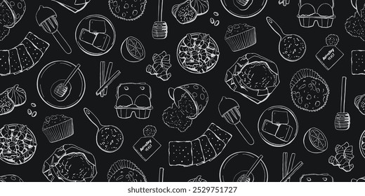 Chalkboard nahtloses Muster mit Cupcake Rezept Produkt auf Tafel Hintergrund - Eier, Honig, Nüsse, Mehl, Backpulver und andere Backzutaten. Vektorhandgezeichnete Illustration für Bäckereien, Café