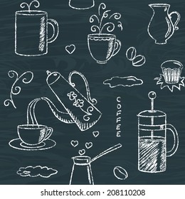 Chalkboard seamless pattern with doodle coffee items