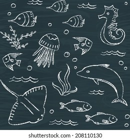 Chalkboard seamless pattern with doodle sea animals