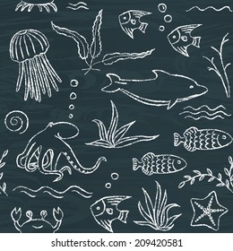 Chalkboard seamless pattern with doodle sea animals