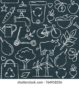 Chalkboard seamless pattern with ecology symbols in sketch style