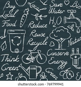 Chalkboard seamless pattern with ecology symbols and lettering in sketch style