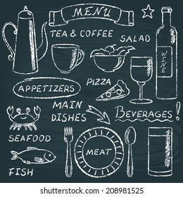 Chalkboard set of hand drawn menu elements