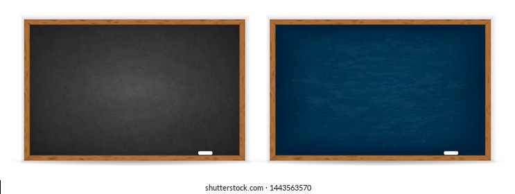 Chalkboard set. Realistic black and blue blackboard in wooden frame isolated on whit background. Blackboard collection. Rubbed out dirty chalkboard. Background for school or restaurant design, menu