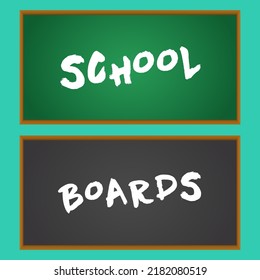 Chalkboard set, realistic black and green chalkboard in a wooden frame on a turquoise background, for school or menu design.
