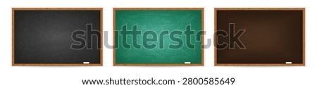 Chalkboard set. Realistic black and green blackboard in wooden frame isolated on whit background. Blackboard collection. Rubbed out dirty chalkboard. Background for school or restaurant design, menu
