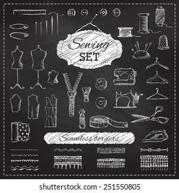 Chalkboard sewing set. Vector set of sketch sewing elements on blackboard background.