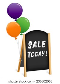 Chalkboard Sidewalk Folding Easel Sign, Sale Today!  Balloons, Blond Wood Frame With Brass Chain, Slate Blackboard, Copy Space For Custom Advertising, Isolated On White Background. EPS8 Compatible.