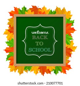 Chalkboard sign with text "back to school", with autumn leaves in background, vector illustration, eps 10 with transparency