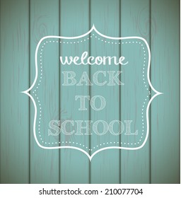 Chalkboard sign with text "back to school" on blue wooden background, vector illustration, eps 10 with transparency