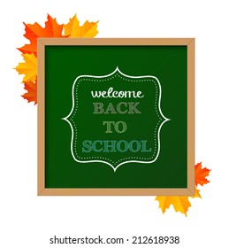 Chalkboard sign with text "back to school", with autumn leaves in background, vector illustration, eps 10 with transparency
