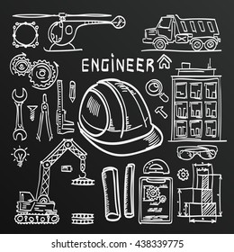 Chalkboard sketch Icons Engineer drawing style. Engineer icons set. Engineer icons. Vector illustration