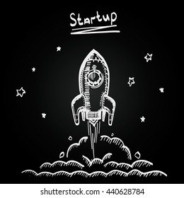 Chalkboard Sketch Rocket Startup, Vector Illustration