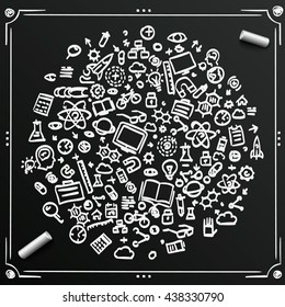 Chalkboard sketch set of icons Sciences, Circle many icon set, Circle Education, Circle sign technology, Vector illustration