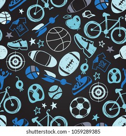 Chalkboard Sport sketch seamless pattern. Hand drawn doodle icon background of recreation and leisure. Vector illustration