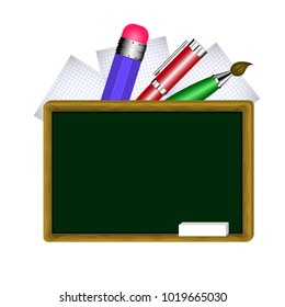 Chalkboard with stationery, back to school. school banner with tools and chalk for your artwork