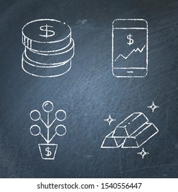 Chalkboard Stock Market And Exchange Icon Set In Line Style. Smartphone With Graph, Coin Stack, Money Tree And Gold Bar Symbols. Sketch On Blackboard. Financial Vector Illustration.