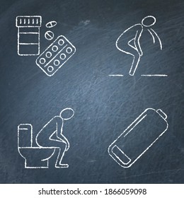 Icono de problemas estomacales de pizarra ajustada en el estilo de línea. Los síntomas de las enfermedades diarreicas aparecen en la pizarra: diarrea, vómitos y fatiga. Ilustración vectorial.
