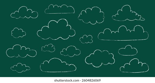 Chalkboard style cloud collection. Cute hand drawn clouds with chalk texture on dark green background. School doodle style weather elements. Cozy and minimal design. Flat vector illustration.