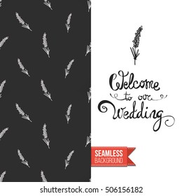 Chalkboard style greeting card for outdoor celebrations or wedding, inspired by eco forest symbolism. Seamless pattern with on one side. On another inscription: welcome to our wedding. Vector template