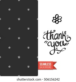 Chalkboard style greeting card for outdoor celebrations or wedding, inspired by eco forest symbolism. Seamless pattern with on one side. On another inscription: thank you. Vector template.