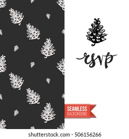 Chalkboard style greeting card for outdoor celebrations or wedding, inspired by eco forest symbolism. Seamless pattern with on one side. On another inscription: rsvp. Vector template.