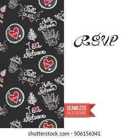 Chalkboard style greeting card for outdoor celebrations or wedding, inspired by eco forest symbolism. Seamless pattern with on one side. On another inscription: rsvp. Vector template.
