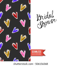 Chalkboard style greeting card for outdoor celebrations or wedding, inspired by eco forest symbolism. Seamless pattern with on one side. On another inscription: bridal shower. Vector template.