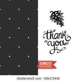 Chalkboard style greeting card for outdoor celebrations or wedding, inspired by eco forest symbolism. Seamless pattern with on one side. On another inscription: thank you. Vector template.
